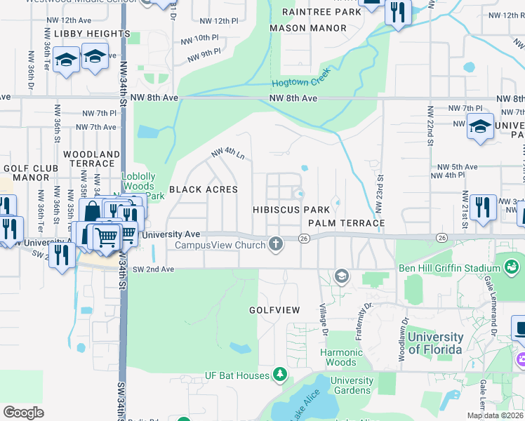 map of restaurants, bars, coffee shops, grocery stores, and more near 2718 Northwest 2 Avenue in Gainesville
