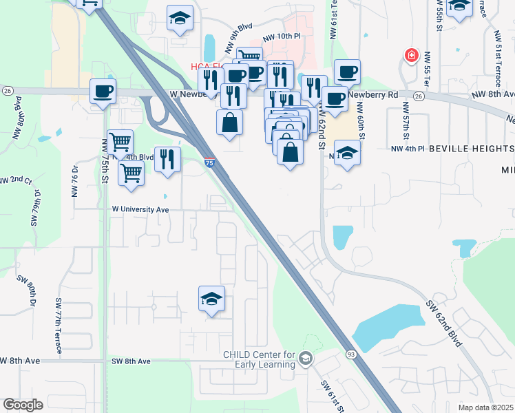 map of restaurants, bars, coffee shops, grocery stores, and more near State Highway 93 in Gainesville