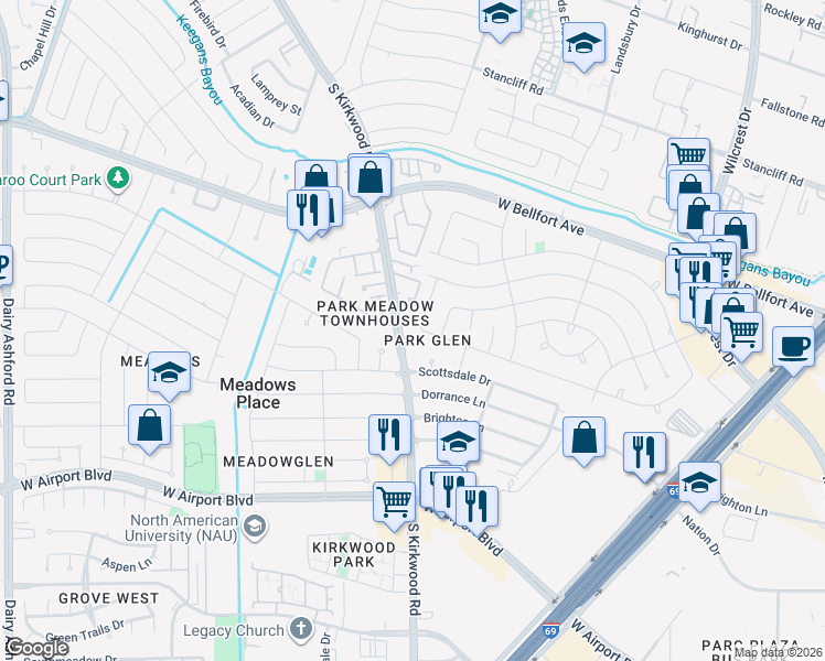 map of restaurants, bars, coffee shops, grocery stores, and more near 11719 Dunfield Lane in Houston