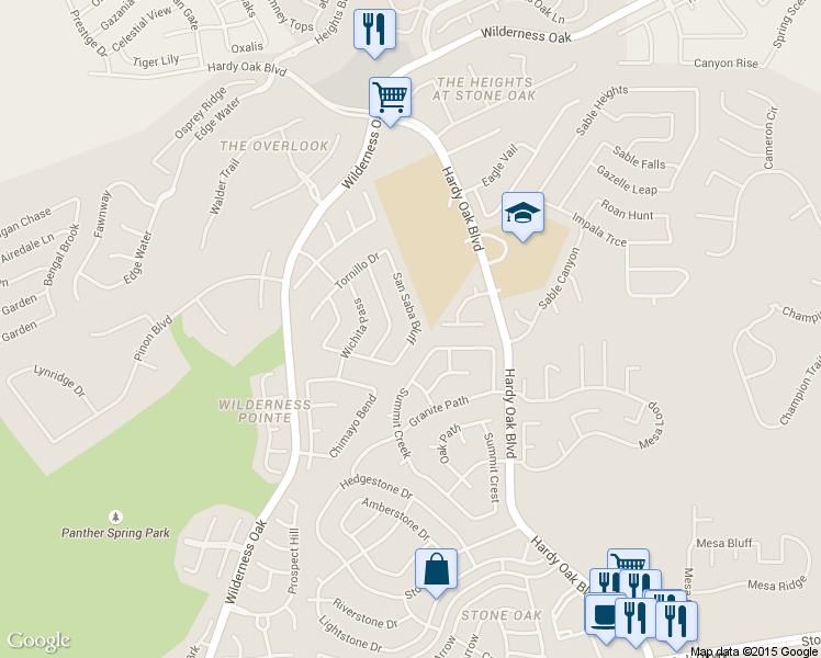 map of restaurants, bars, coffee shops, grocery stores, and more near 22731 San Saba Bluff in San Antonio