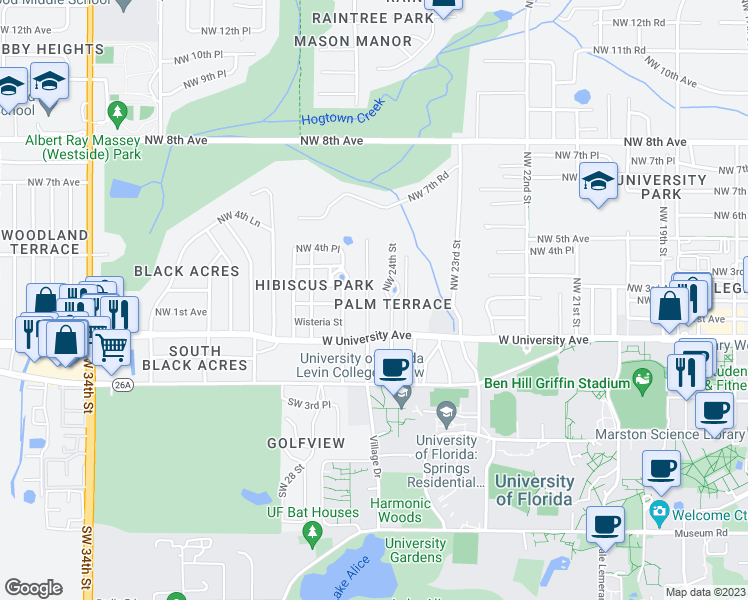map of restaurants, bars, coffee shops, grocery stores, and more near 203 Northwest 25 Street in Gainesville