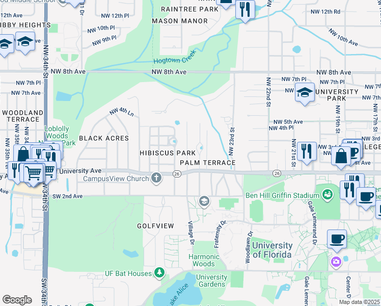 map of restaurants, bars, coffee shops, grocery stores, and more near 203 Northwest 25 Street in Gainesville