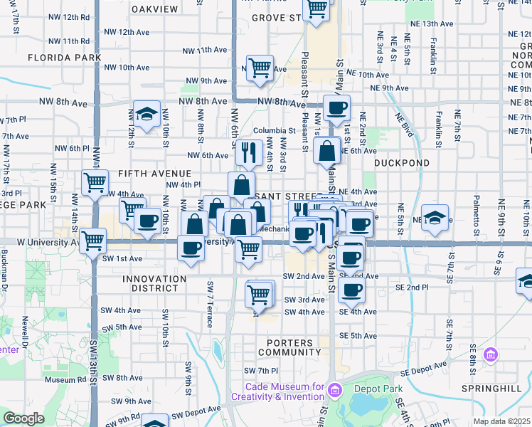 map of restaurants, bars, coffee shops, grocery stores, and more near 422 Northwest 2 Avenue in Gainesville