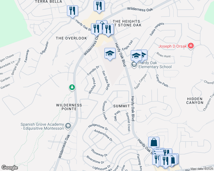 map of restaurants, bars, coffee shops, grocery stores, and more near 22731 San Saba Bluff in San Antonio