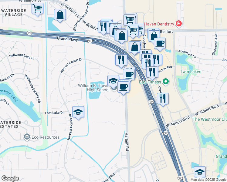 map of restaurants, bars, coffee shops, grocery stores, and more near 11111 Harlem Road in Richmond