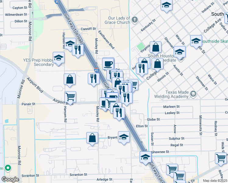 map of restaurants, bars, coffee shops, grocery stores, and more near 9305 Gulf Freeway in Houston