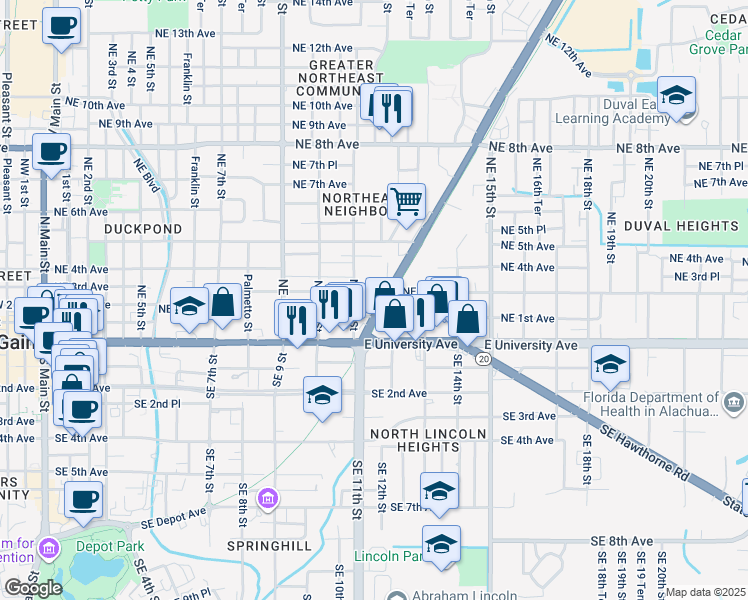 map of restaurants, bars, coffee shops, grocery stores, and more near 1115 Northeast 3rd Avenue in Gainesville