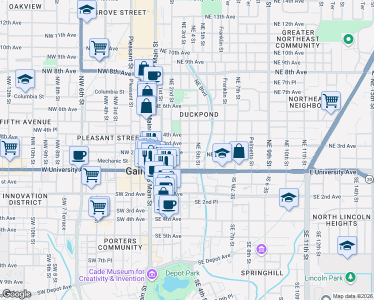 map of restaurants, bars, coffee shops, grocery stores, and more near 404 Northeast 2 Avenue in Gainesville