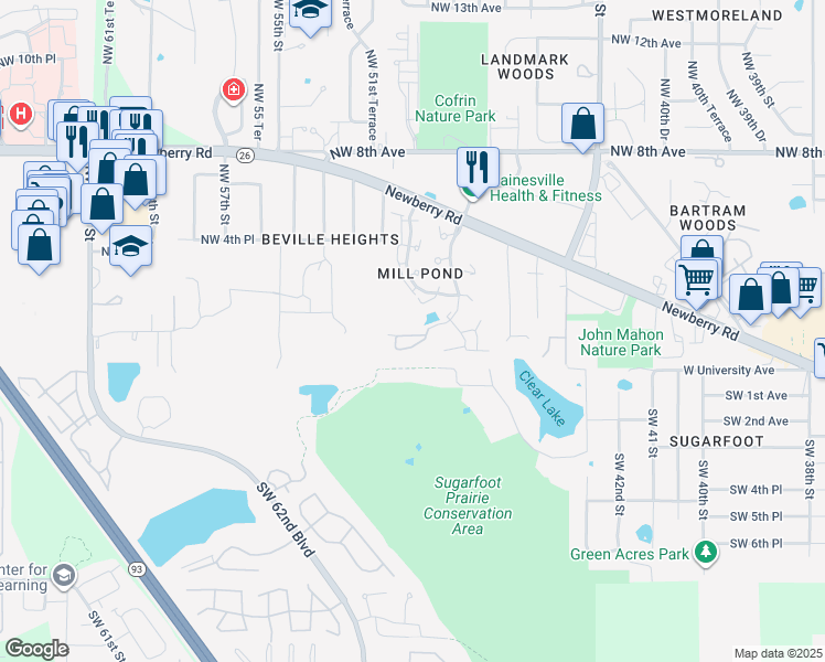 map of restaurants, bars, coffee shops, grocery stores, and more near 5016 Northwest 1st Place in Gainesville