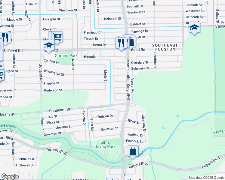map of restaurants, bars, coffee shops, grocery stores, and more near 8910 Vinearbor Street in Houston