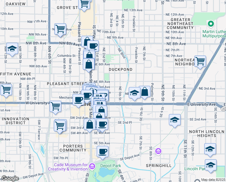 map of restaurants, bars, coffee shops, grocery stores, and more near 404 Northeast 2 Avenue in Gainesville