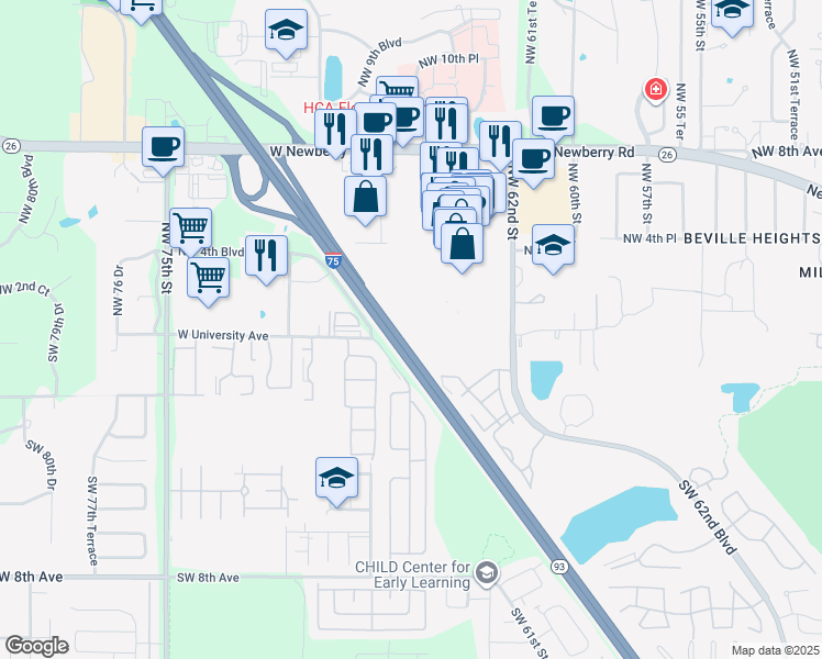 map of restaurants, bars, coffee shops, grocery stores, and more near State Highway 93 in Gainesville