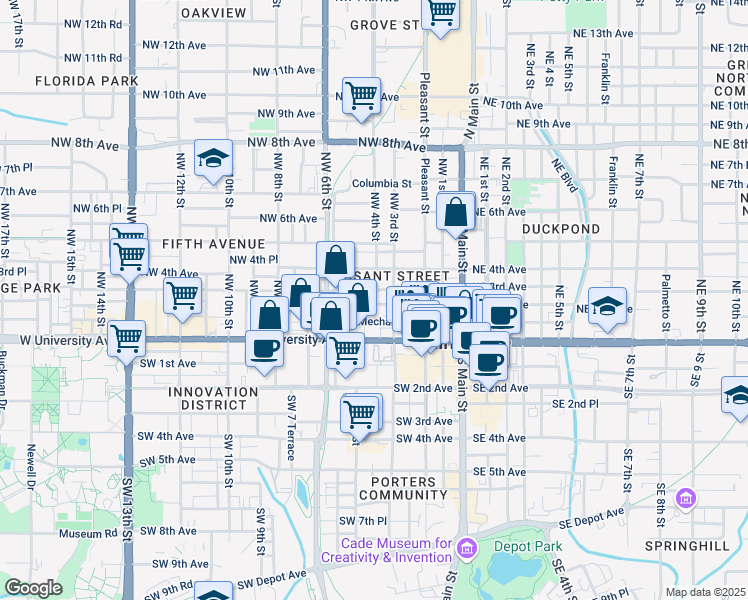 map of restaurants, bars, coffee shops, grocery stores, and more near 408 Northwest 2nd Avenue in Gainesville