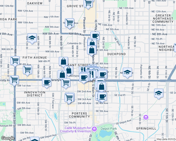 map of restaurants, bars, coffee shops, grocery stores, and more near 102 Northwest 2nd Avenue in Gainesville