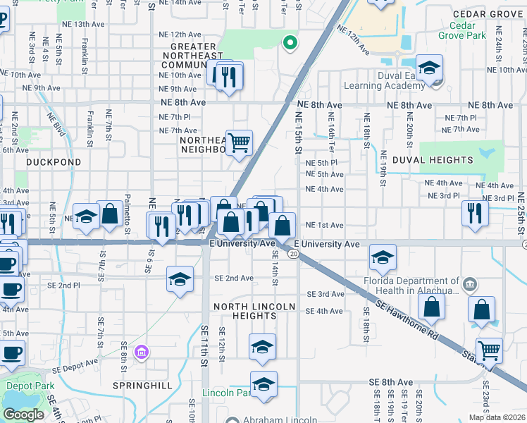 map of restaurants, bars, coffee shops, grocery stores, and more near 1325 Northeast 3rd Avenue in Gainesville