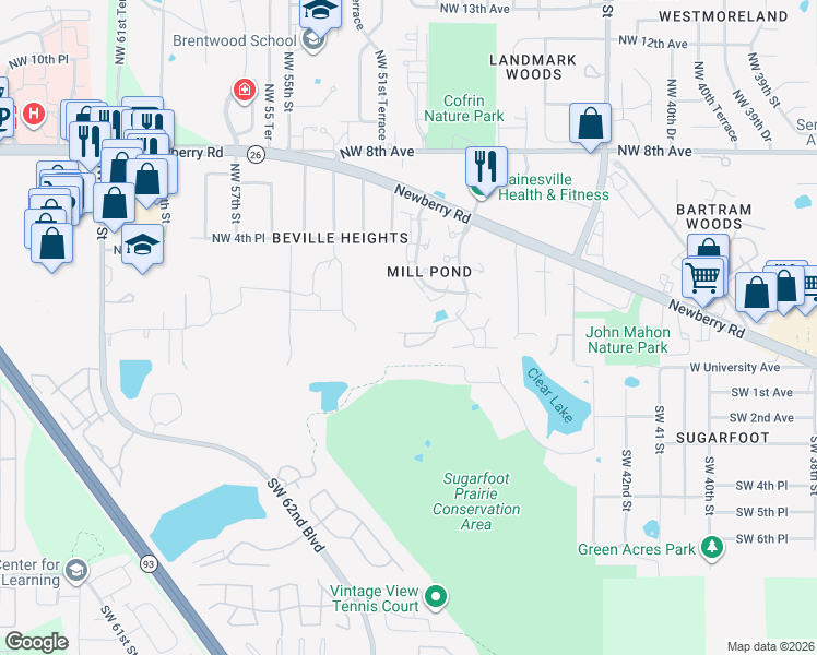 map of restaurants, bars, coffee shops, grocery stores, and more near 5016 Northwest 1st Place in Gainesville