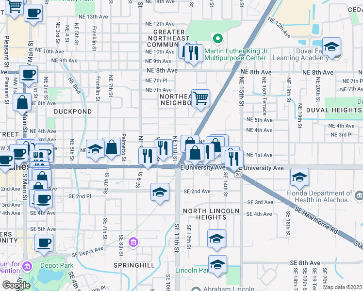 map of restaurants, bars, coffee shops, grocery stores, and more near 1115 Northeast 3rd Avenue in Gainesville