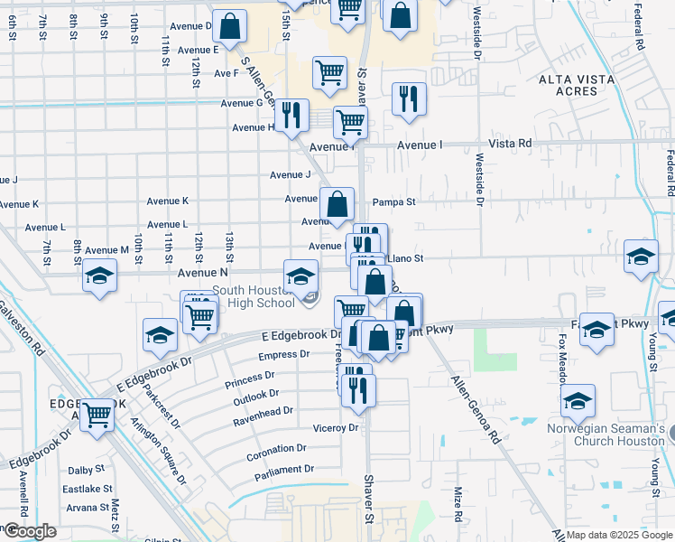 map of restaurants, bars, coffee shops, grocery stores, and more near 1606 Avenue North in South Houston