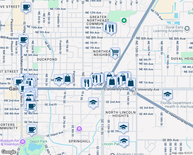 map of restaurants, bars, coffee shops, grocery stores, and more near 1017 Northeast 3rd Avenue in Gainesville