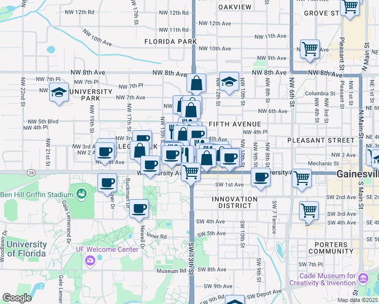 map of restaurants, bars, coffee shops, grocery stores, and more near 204 Northwest 13th Street in Gainesville