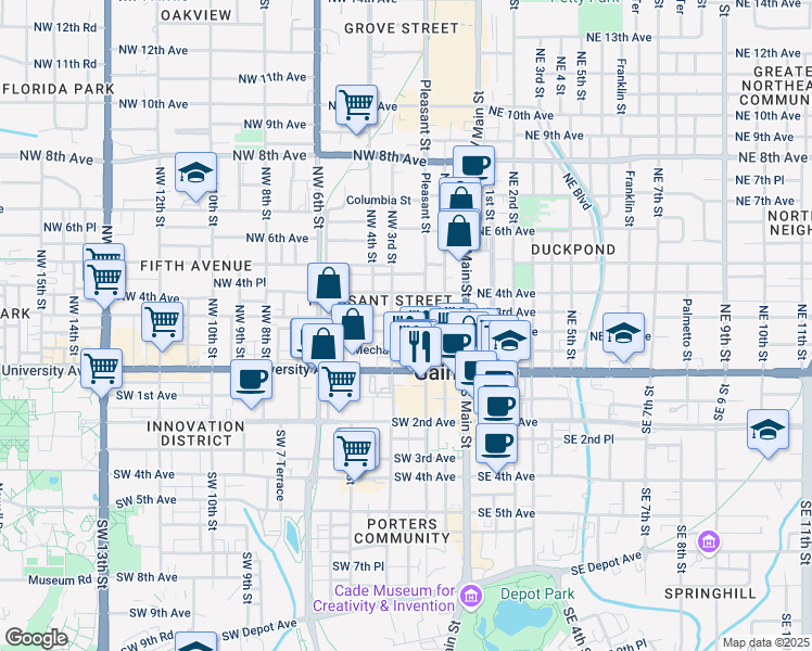map of restaurants, bars, coffee shops, grocery stores, and more near 224 Northwest 2 Avenue in Gainesville