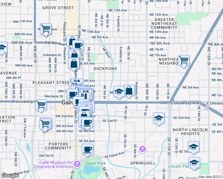 map of restaurants, bars, coffee shops, grocery stores, and more near 211 Northeast Boulevard in Gainesville