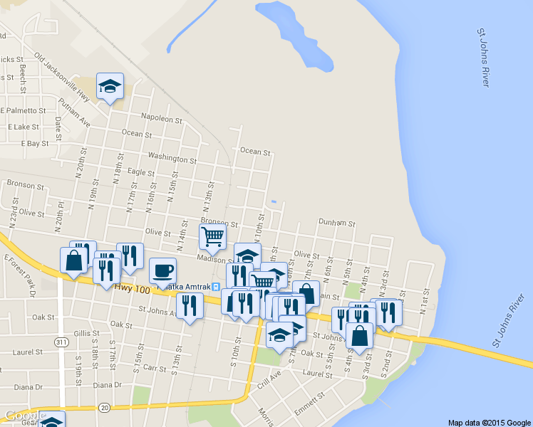 map of restaurants, bars, coffee shops, grocery stores, and more near 621 North 10th Street in Palatka