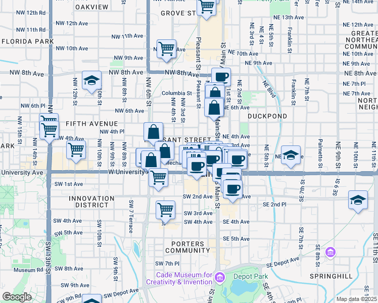 map of restaurants, bars, coffee shops, grocery stores, and more near 224 Northwest 2 Avenue in Gainesville