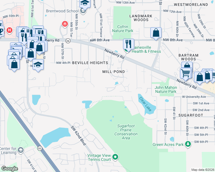 map of restaurants, bars, coffee shops, grocery stores, and more near 5016 Northwest 1st Place in Gainesville