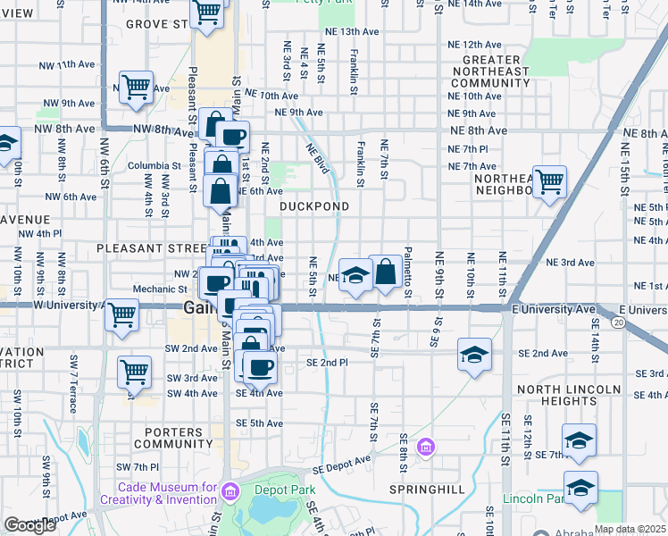 map of restaurants, bars, coffee shops, grocery stores, and more near 211 Northeast Boulevard in Gainesville