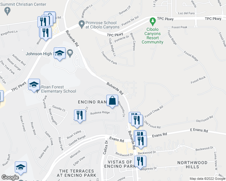 map of restaurants, bars, coffee shops, grocery stores, and more near 22334 Navasota Circle in San Antonio