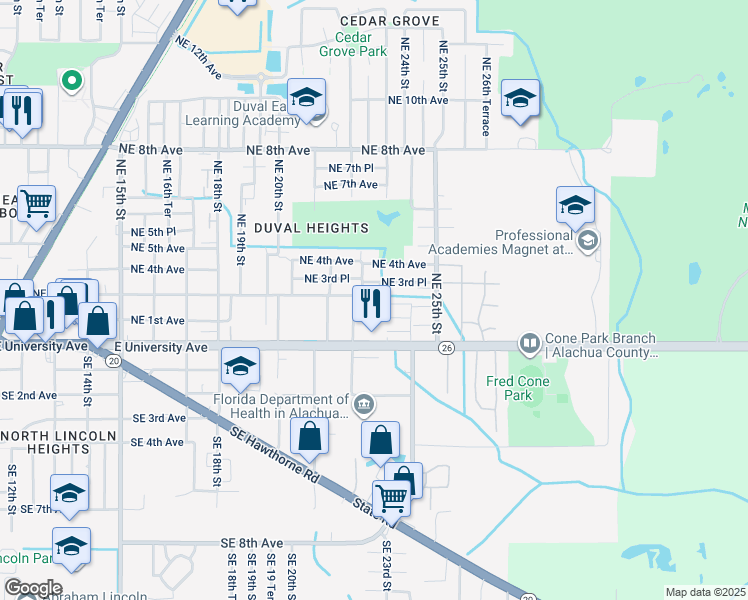 map of restaurants, bars, coffee shops, grocery stores, and more near 2223 Northeast 3rd Avenue in Gainesville