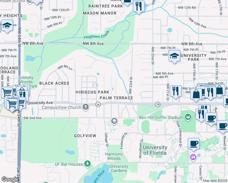 map of restaurants, bars, coffee shops, grocery stores, and more near 203 Northwest 24th Street in Gainesville