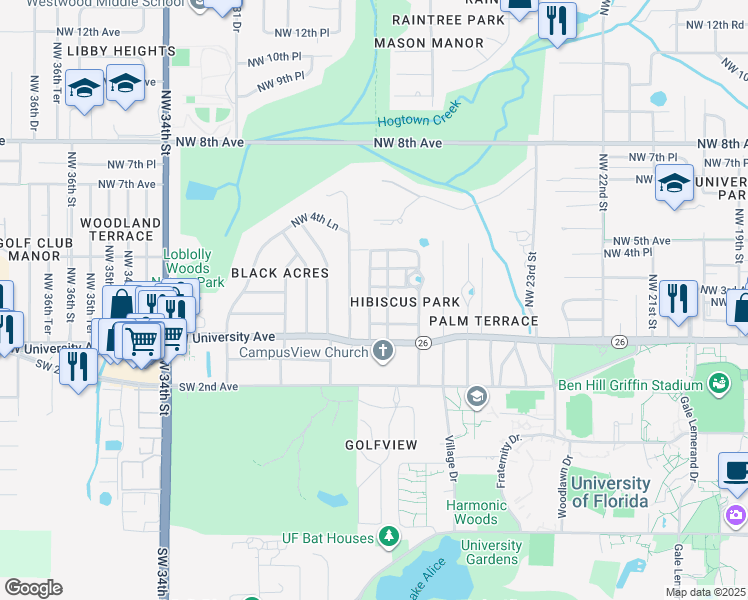 map of restaurants, bars, coffee shops, grocery stores, and more near 2718 Northwest 2 Avenue in Gainesville