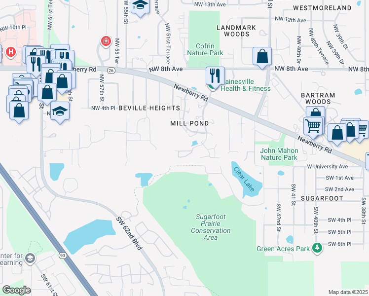 map of restaurants, bars, coffee shops, grocery stores, and more near 5016 Northwest 1st Place in Gainesville