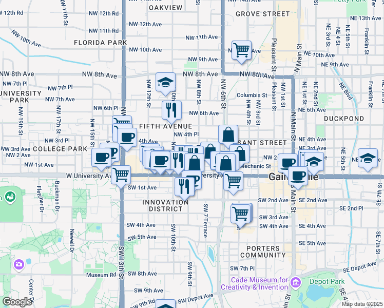 map of restaurants, bars, coffee shops, grocery stores, and more near 817 Northwest 3rd Avenue in Gainesville