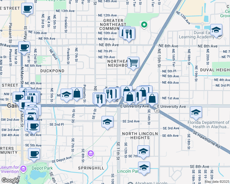 map of restaurants, bars, coffee shops, grocery stores, and more near 1017 Northeast 3rd Avenue in Gainesville