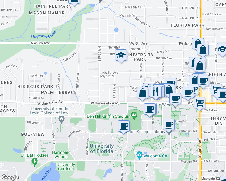 map of restaurants, bars, coffee shops, grocery stores, and more near 202 Northwest 21st Street in Gainesville
