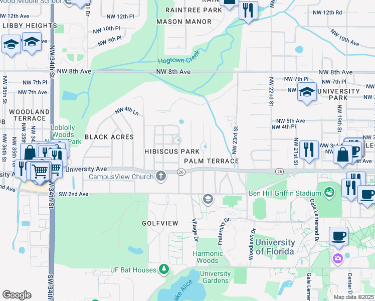 map of restaurants, bars, coffee shops, grocery stores, and more near 203 Northwest 25 Street in Gainesville