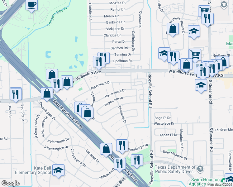 map of restaurants, bars, coffee shops, grocery stores, and more near 8923 Haverstock Drive in Houston