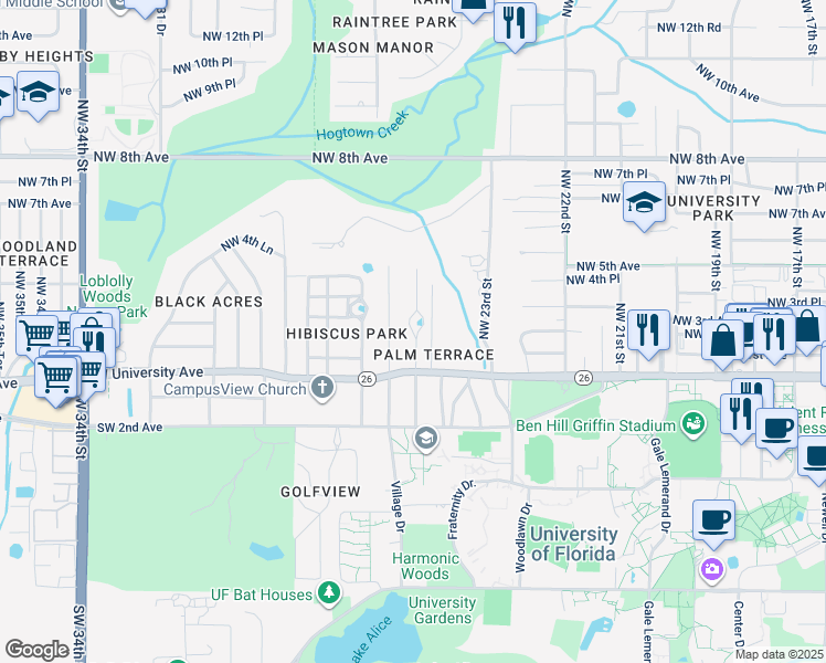 map of restaurants, bars, coffee shops, grocery stores, and more near 200 Northwest 24th Street in Gainesville