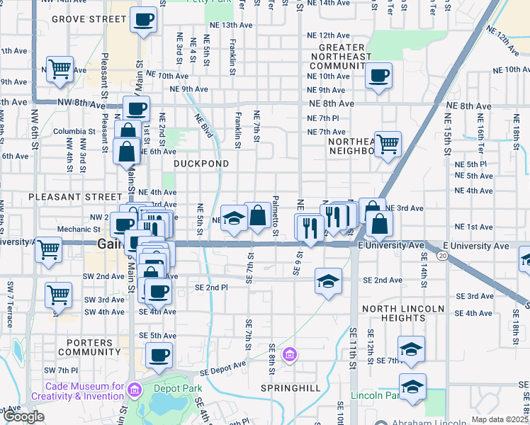 map of restaurants, bars, coffee shops, grocery stores, and more near 717 Northeast 3rd Avenue in Gainesville