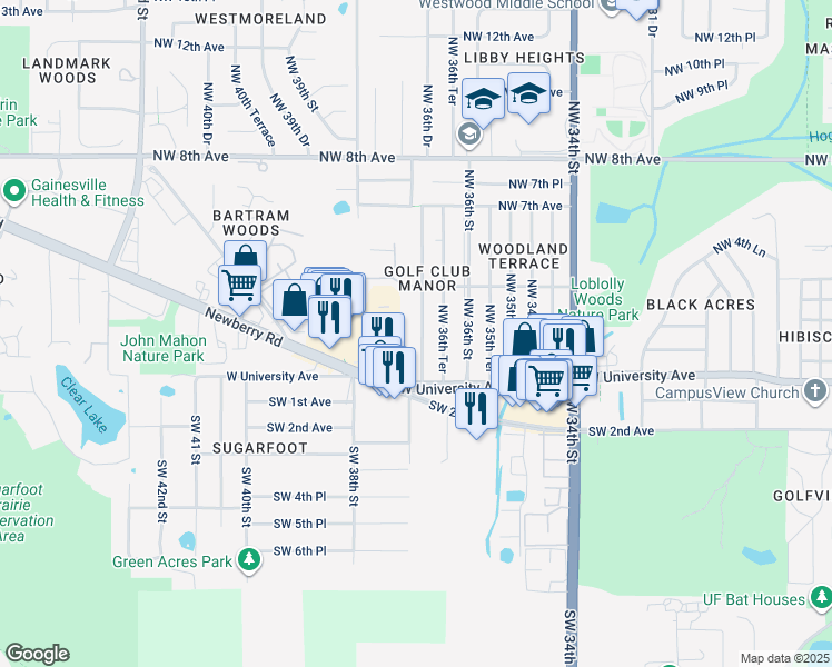 map of restaurants, bars, coffee shops, grocery stores, and more near 208 Northwest 36th Drive in Gainesville
