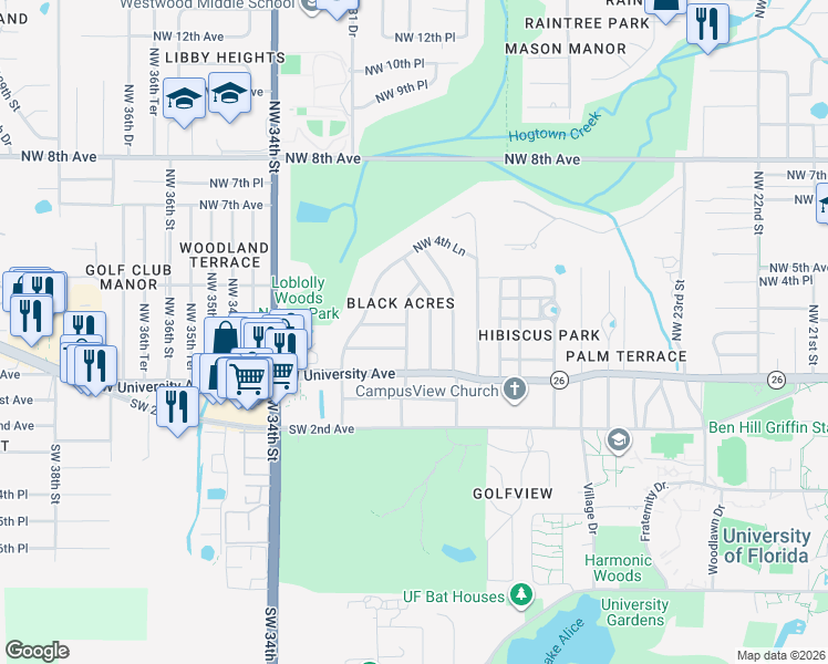 map of restaurants, bars, coffee shops, grocery stores, and more near 112 Northwest 29th Street in Gainesville