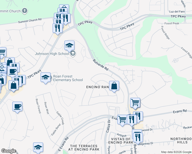 map of restaurants, bars, coffee shops, grocery stores, and more near 22431 Navasota Circle in San Antonio