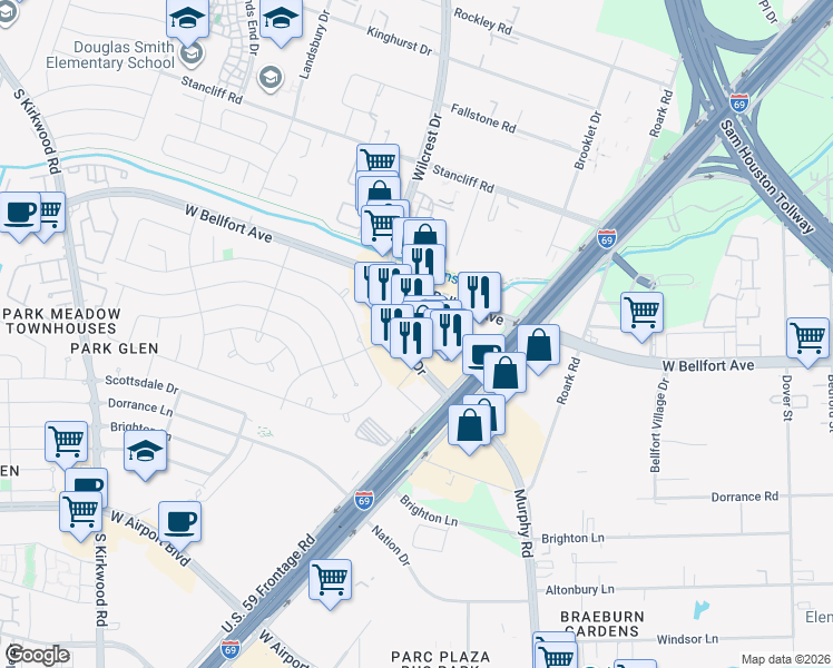 map of restaurants, bars, coffee shops, grocery stores, and more near 11751 South Wilcrest Drive in Houston