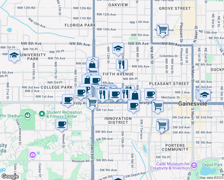 map of restaurants, bars, coffee shops, grocery stores, and more near 1105 Northwest 3rd Avenue in Gainesville