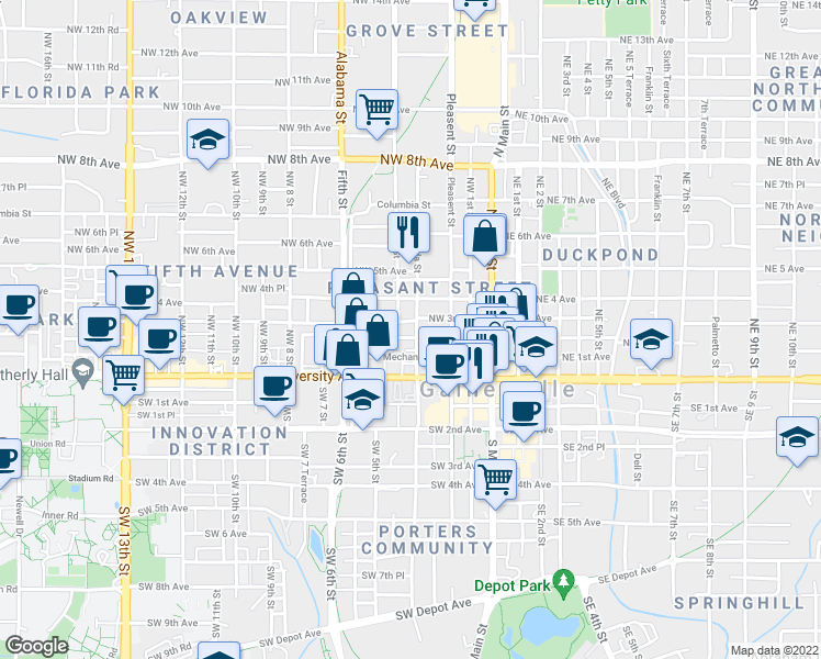 map of restaurants, bars, coffee shops, grocery stores, and more near 224 Northwest 2 Avenue in Gainesville