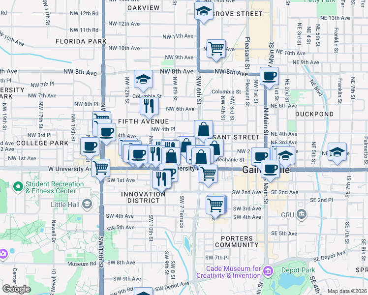 map of restaurants, bars, coffee shops, grocery stores, and more near 710 Northwest 2 Avenue in Gainesville