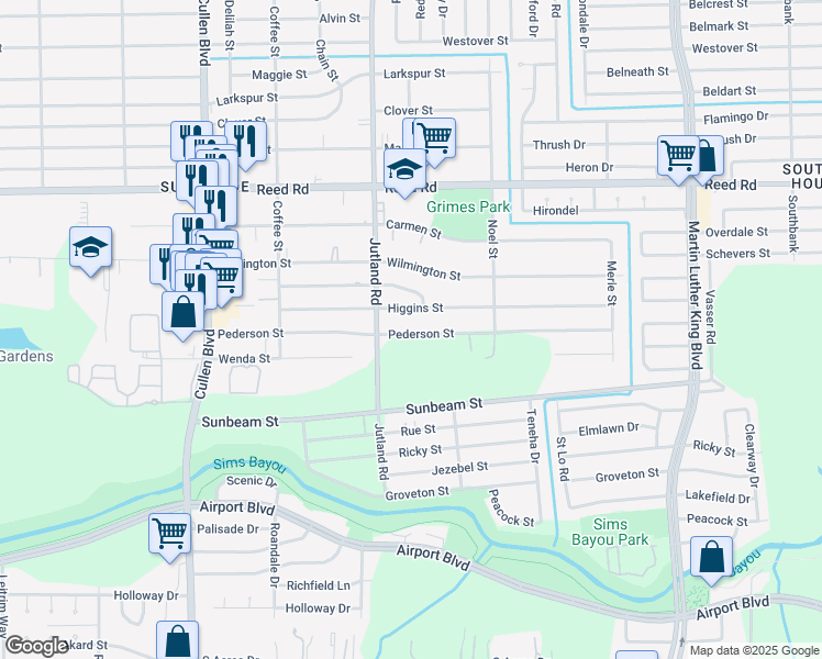 map of restaurants, bars, coffee shops, grocery stores, and more near 5023 Pederson Street in Houston